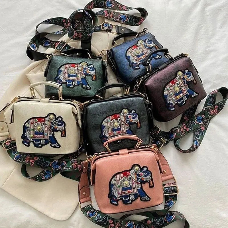 Embroidered Elephant Crossbody Bag Vintage Clutch Tote