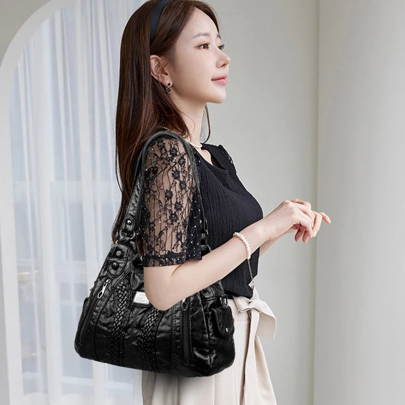 Leather Shoulder Bags Multi-Pocket Crossbody Bags for Women