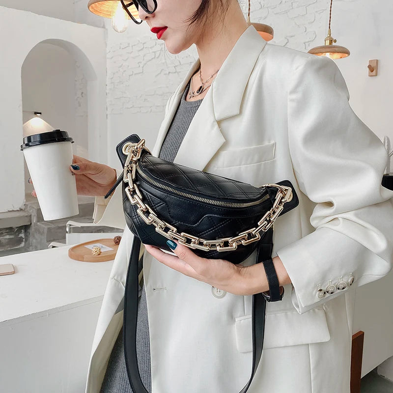Thick Chain Plaid Leather Fanny Pack Waist Shoulder Crossbody Bag