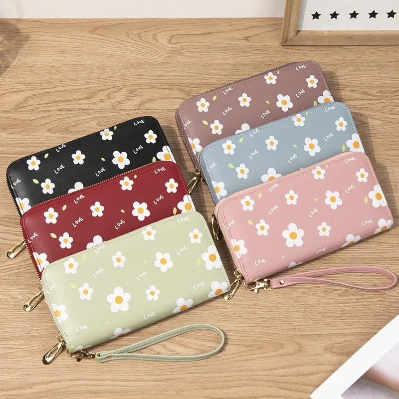 Floral Zipper Women Wallets Long Clutch Bag Soft Leather Change Mobile Bag