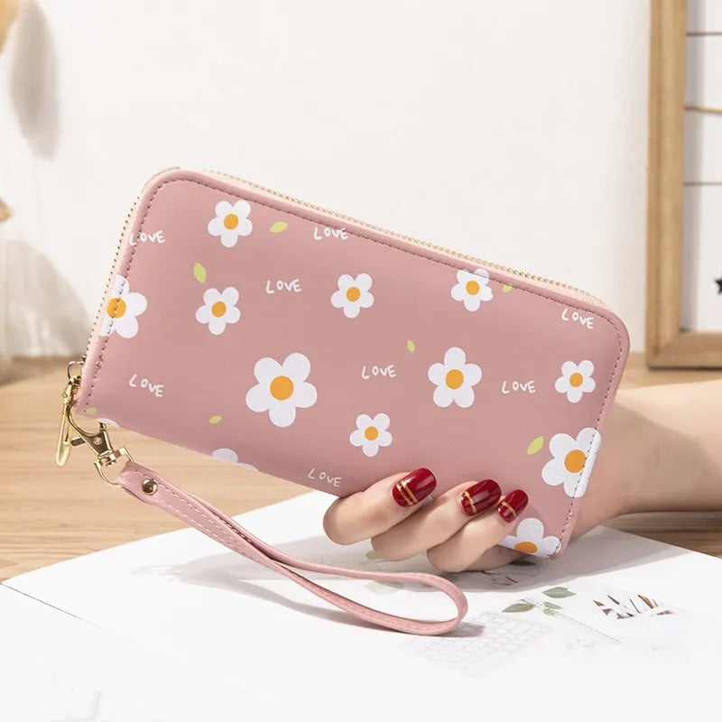 Floral Zipper Women Wallets Long Clutch Bag Soft Leather Change Mobile Bag