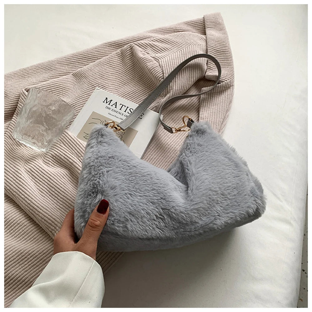 Faux Fur Mini Tote Bag Women Handbags Lady Purses Fluffy Soft Plush Shopper Bag