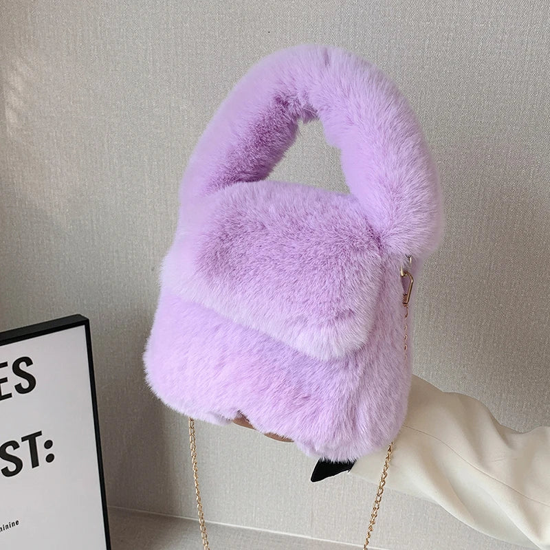 Purple Faux Fur Plush Shoulder Bag with Chain Crossbody Strap