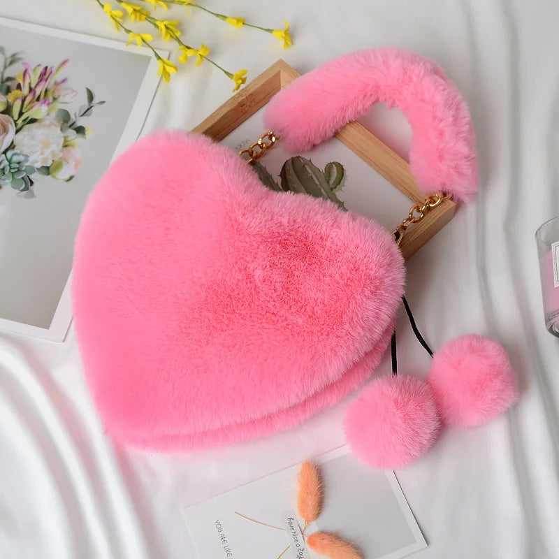 Faux Fur Heart-shaped Small Handbag Chain Shoulder Bag