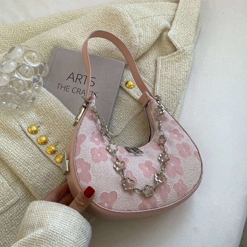 Flower Half-moon Chains Shoulder Bag Canvas Handbag
