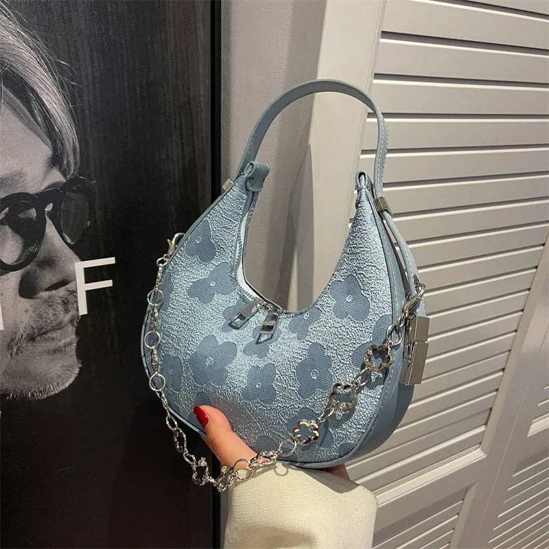 Flower Half-moon Chains Shoulder Bag Canvas Handbag