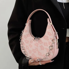 Flower Half-moon Chains Shoulder Bag Canvas Handbag