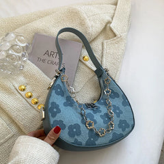 Flower Half-moon Chains Shoulder Bag Canvas Handbag