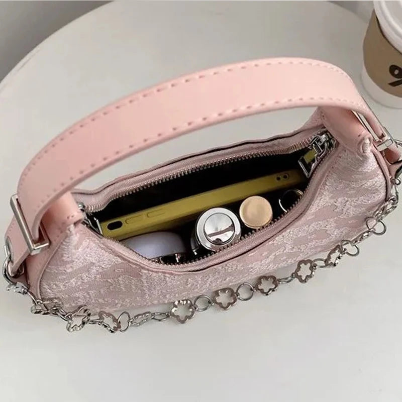 Flower Half-moon Chains Shoulder Bag Canvas Handbag