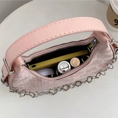 Flower Half-moon Chains Shoulder Bag Canvas Handbag