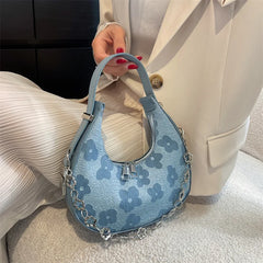 Flower Half-moon Chains Shoulder Bag Canvas Handbag