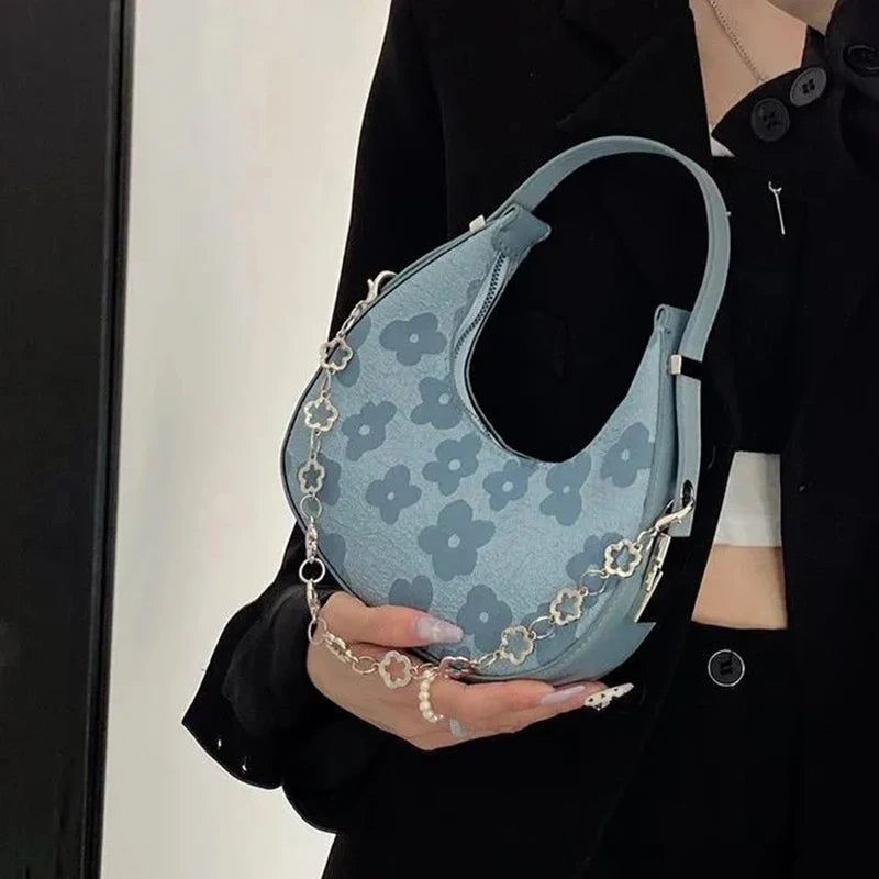 Flower Half-moon Chains Shoulder Bag Canvas Handbag