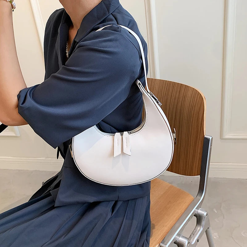 Vintage Leather Clutches Bag Armpit Shoulder Half Moon Handle Bag