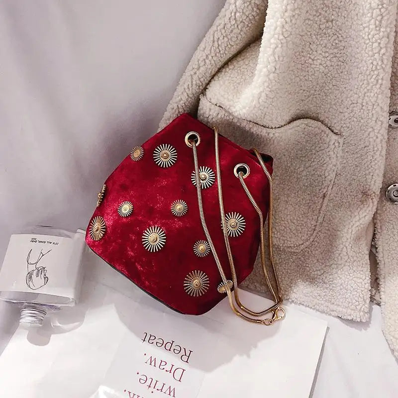 Velvet Crossbody Bucket Bag Chain Small Velvet Messenger Bag