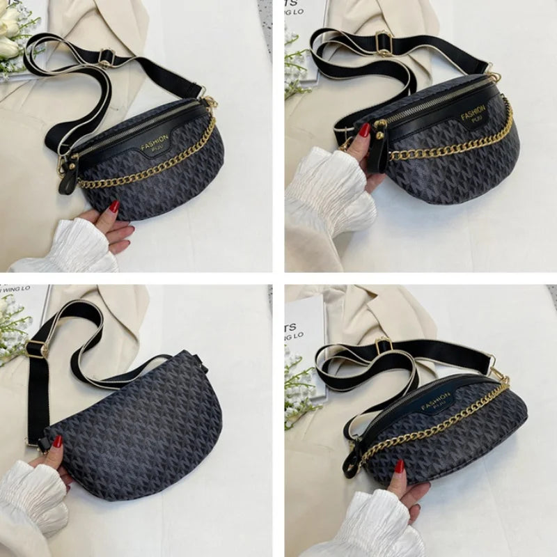Stylish Printed PU Leather Chain Waist Bag for Women