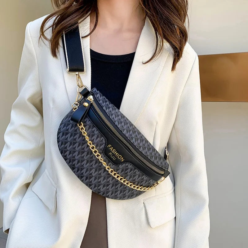 Stylish Printed PU Leather Chain Waist Bag for Women