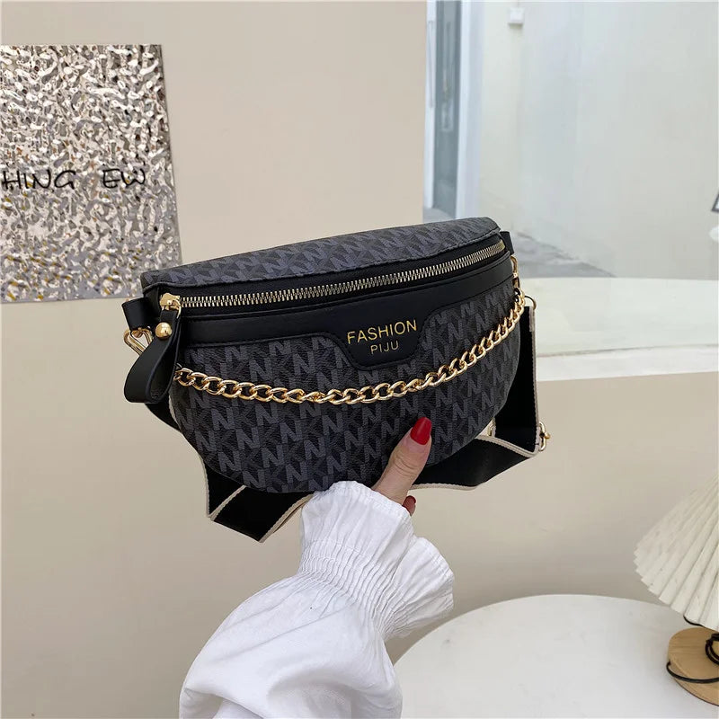 Stylish Printed PU Leather Chain Waist Bag for Women