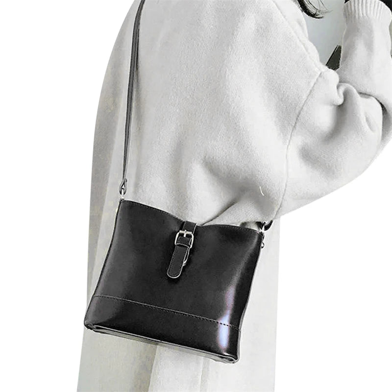 Oil PU Leather Women's Bucket Bag Handbags One-shoulder Messenger Bags