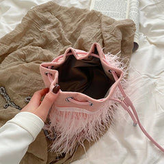 Ostrich Feather Fur Evening Bag Pink Chain Shoulder Purse