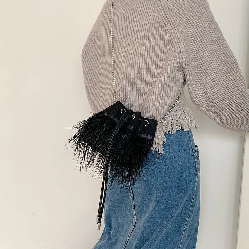 Ostrich Feather Fur Evening Bag Pink Chain Shoulder Purse