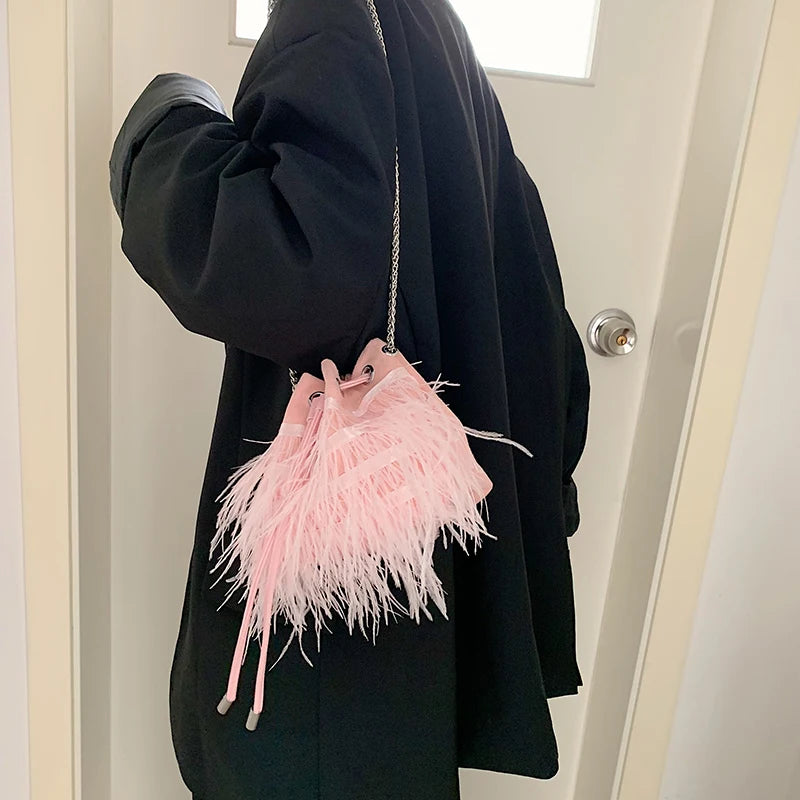 Ostrich Feather Fur Evening Bag Pink Chain Shoulder Purse