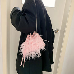 Ostrich Feather Fur Evening Bag Pink Chain Shoulder Purse