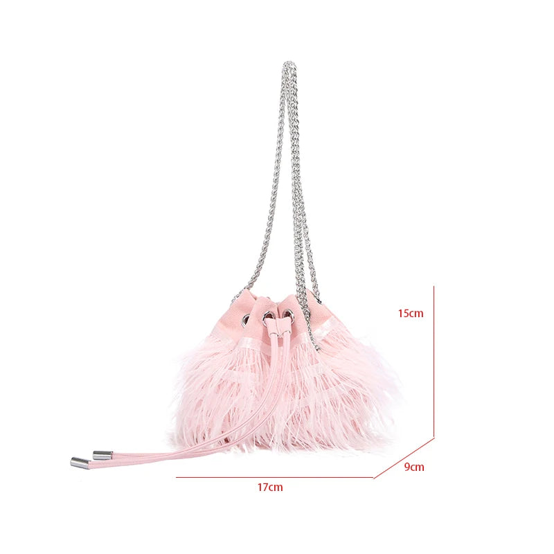Ostrich Feather Fur Evening Bag Pink Chain Shoulder Purse