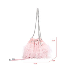 Ostrich Feather Fur Evening Bag Pink Chain Shoulder Purse