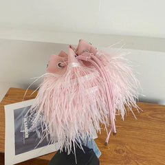 Ostrich Feather Fur Evening Bag Pink Chain Shoulder Purse