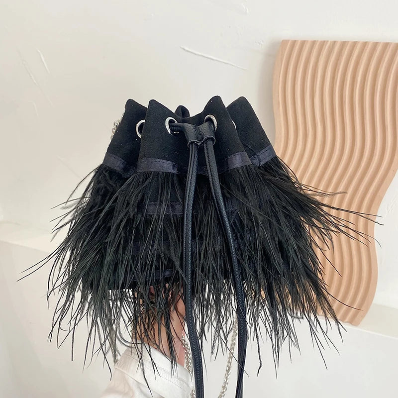 Ostrich Feather Fur Evening Bag Pink Chain Shoulder Purse