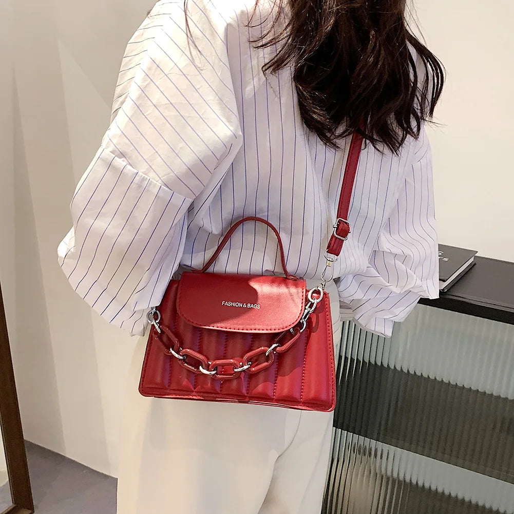 Plaid Women Shoulder Bag PU Leather Crossbody Bag Thick Chain Handle Bags