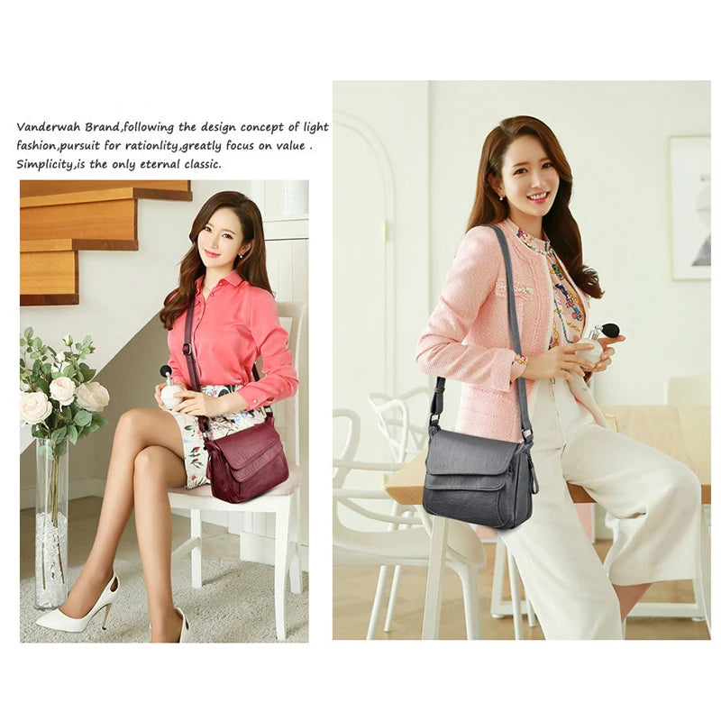 Soft Leather Women Handbags Pure Messenger Bag Double Flap Shoulder Crossb