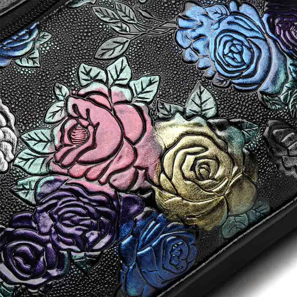Women's Leather Messenger Shoulder Handbag Floral Multi-Pocket