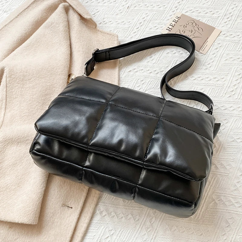 Quilted Nylon Shoulder Bag for Women with Fluffy Weave - Space Pad Design