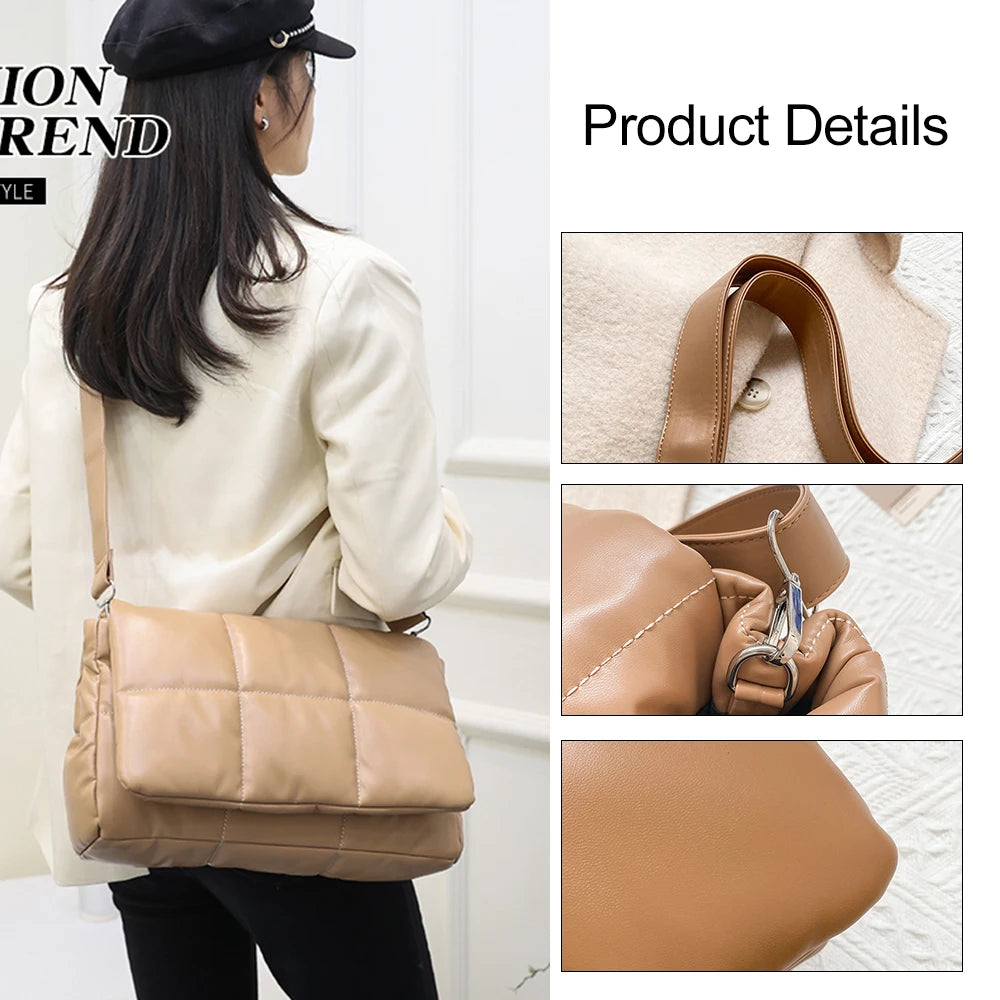 Quilted Nylon Shoulder Bag for Women with Fluffy Weave - Space Pad Design