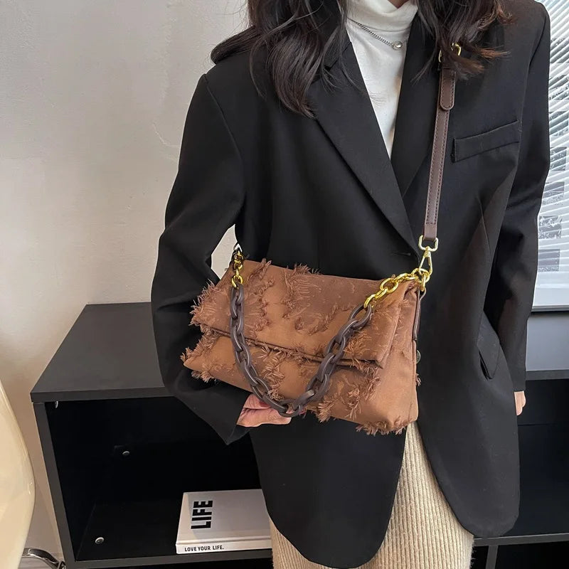 Canvas Tassel Shoulder Bag for Women Chain Crossbody Handbag and Purse