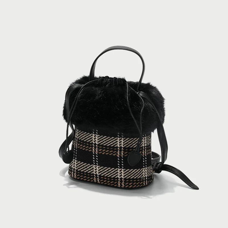 Winter Warm Fur Bag Plaid Canvas Handbag Women Shoulder Crossbody Bucket Bags