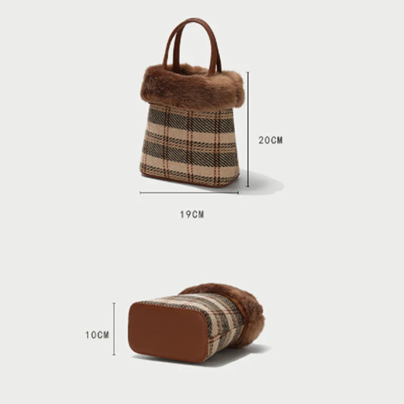 Winter Warm Fur Bag Plaid Canvas Handbag Women Shoulder Crossbody Bucket Bags