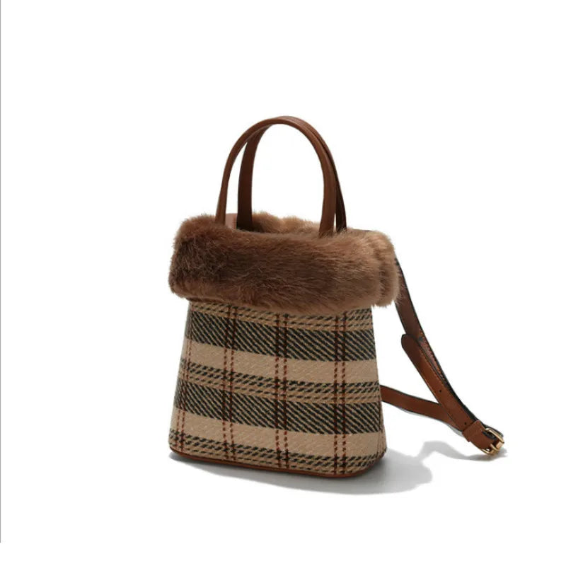 Winter Warm Fur Bag Plaid Canvas Handbag Women Shoulder Crossbody Bucket Bags