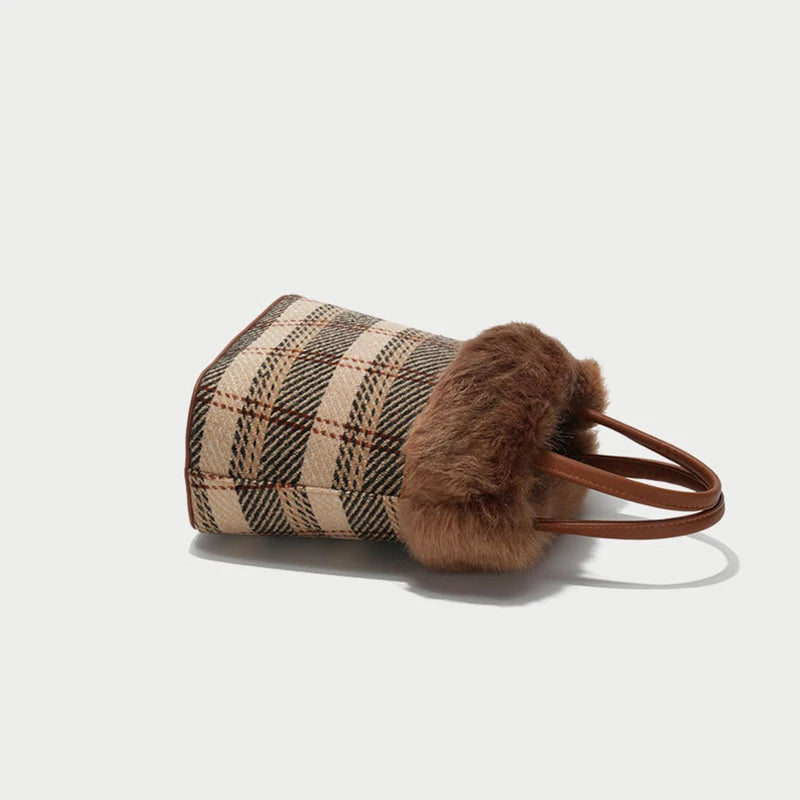Winter Warm Fur Bag Plaid Canvas Handbag Women Shoulder Crossbody Bucket Bags