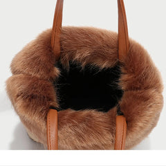 Winter Warm Fur Bag Plaid Canvas Handbag Women Shoulder Crossbody Bucket Bags