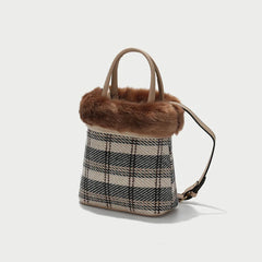 Winter Warm Fur Bag Plaid Canvas Handbag Women Shoulder Crossbody Bucket Bags