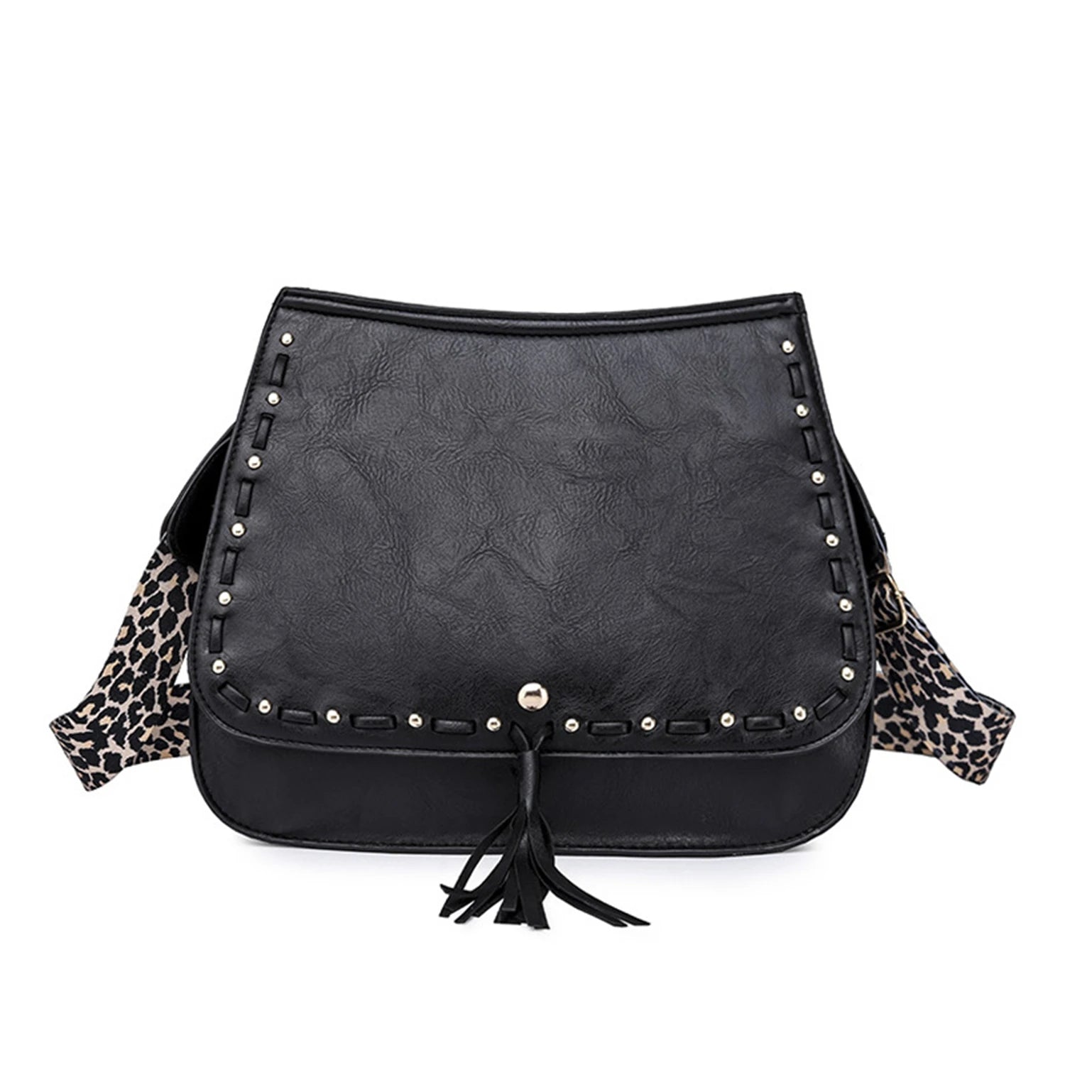 Women Bag PU Leather Tassel Crossbody Bag with Leopard Strap