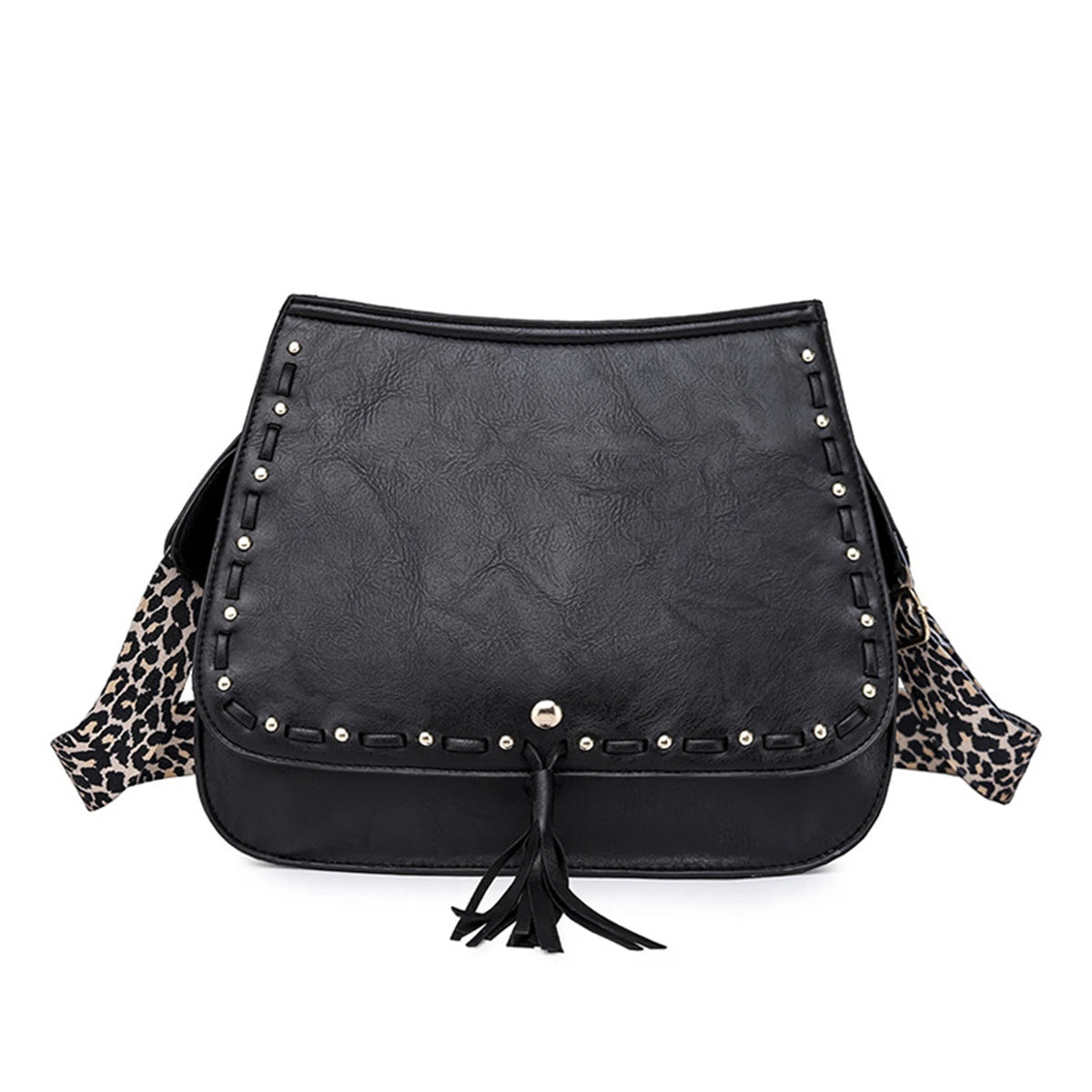 Women Bag PU Leather Tassel Crossbody Bag with Leopard Strap