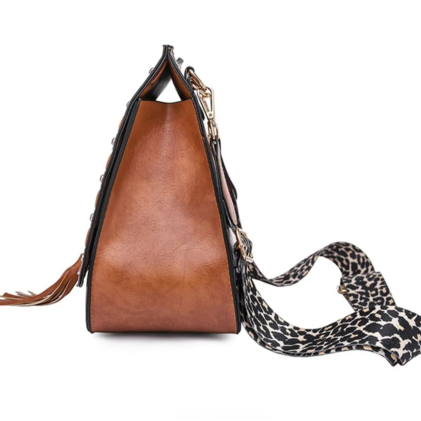 Women Bag PU Leather Tassel Crossbody Bag with Leopard Strap
