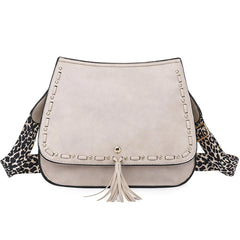 Women Bag PU Leather Tassel Crossbody Bag with Leopard Strap