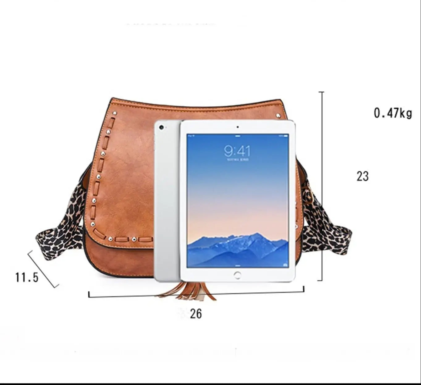 Women Bag PU Leather Tassel Crossbody Bag with Leopard Strap