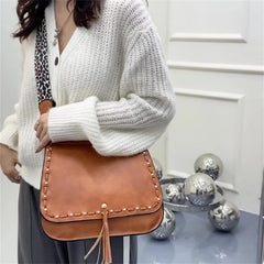Women Bag PU Leather Tassel Crossbody Bag with Leopard Strap