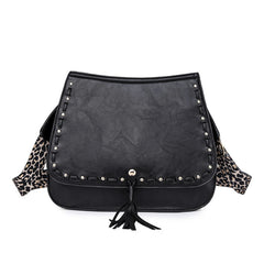 Women Bag PU Leather Tassel Crossbody Bag with Leopard Strap