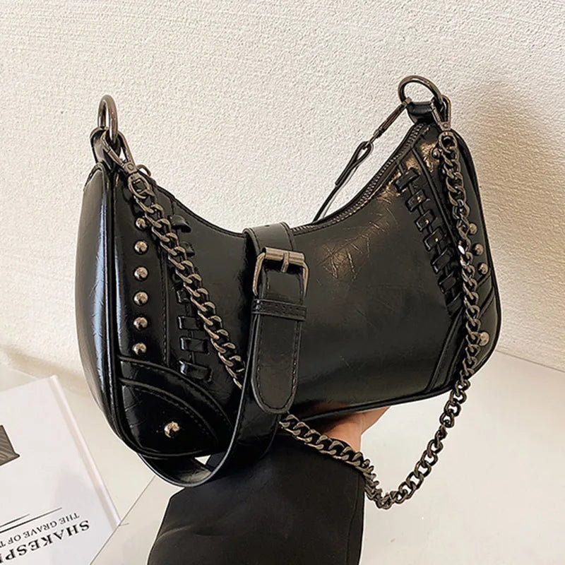 Women Green Rivets Axillary Bag Studded Half-Moon Bags